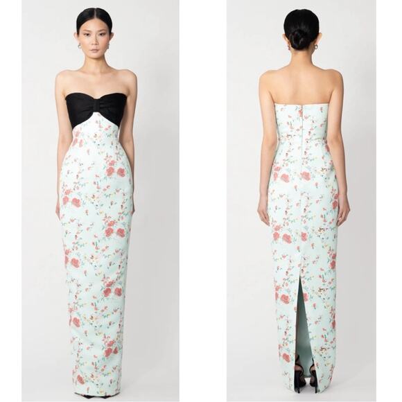 Sau Lee Mona Strapless Floral Bow Detail Column Maxi Dress in Mint Multi Sz 0 - Picture 2 of 9